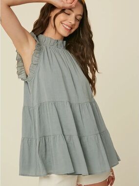 NWT Listicle Monika Ruffle Sleeve Tiered Dress/Deep Sage/tie closure